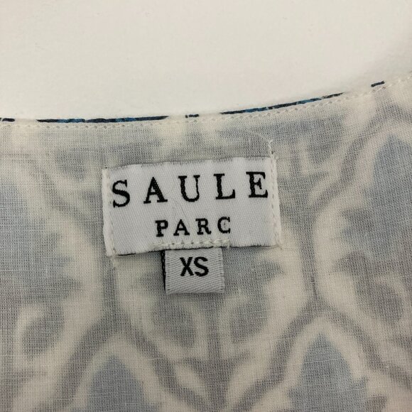 Saule Parc Milly Dress Size XS Blue Block Print Cotton Flutter Sleeves Eyelet - Picture 10 of 11